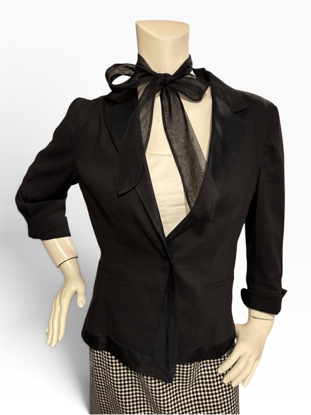 Elie Tahari Black Bow-Tie Satin-Trim Blazer, Women’s Size 10